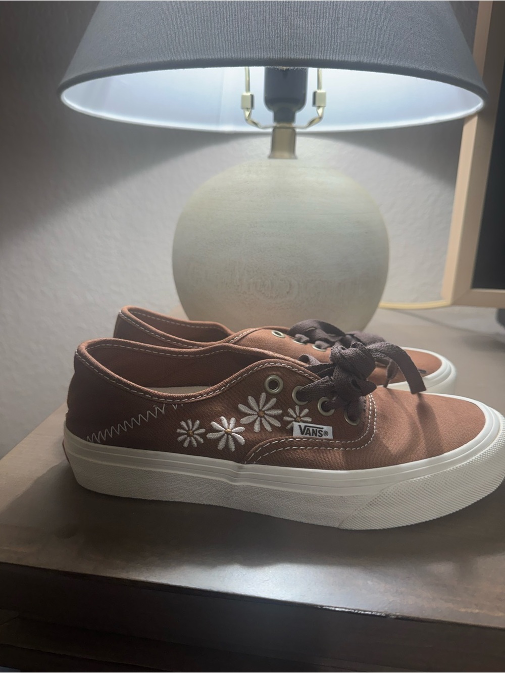Vans Women’s Brown Canvas Sneakers with White Floral Embroidery